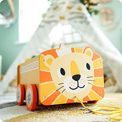 Wooden Lion Toy Box | 2-in-1 Train Car & Wheeled Storage Box for Kids Room or Bedroom | Baby Chest for Kids Toys, Game / Book Organizer