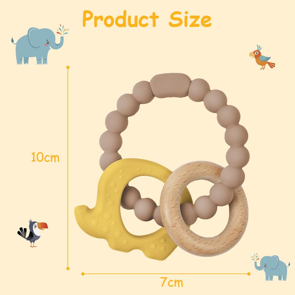 Teether for babies, elephant teether toy made of silicone and wooden rings, baby teething aid BPA-free, pain-relieving teething nursing accessories