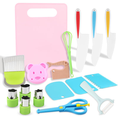 Children's knives, 17-piece children's knife set kitchen knives children, knife cutting set with cutting board, vegetable cutters and peeler