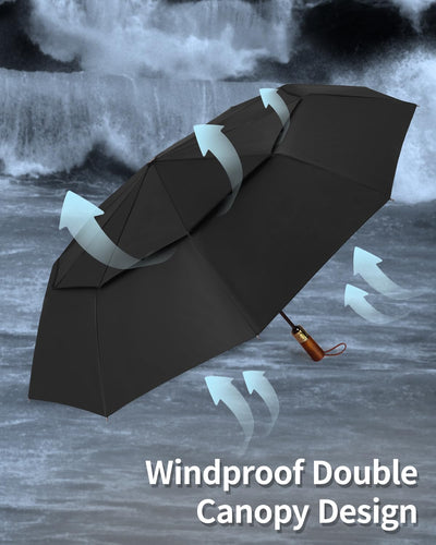 Automatic large stormproof umbrella, pocket umbrella with ventilated double canopy & wooden handle