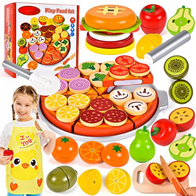 Jouet de cuisine en bois pour enfants Accessoires de cuisine Jouet de cuisine en bois avec Pizza Légumes Fruits Tablier