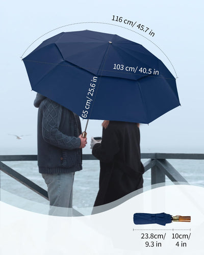 Automatic large stormproof umbrella, pocket umbrella with ventilated double canopy & wooden handle