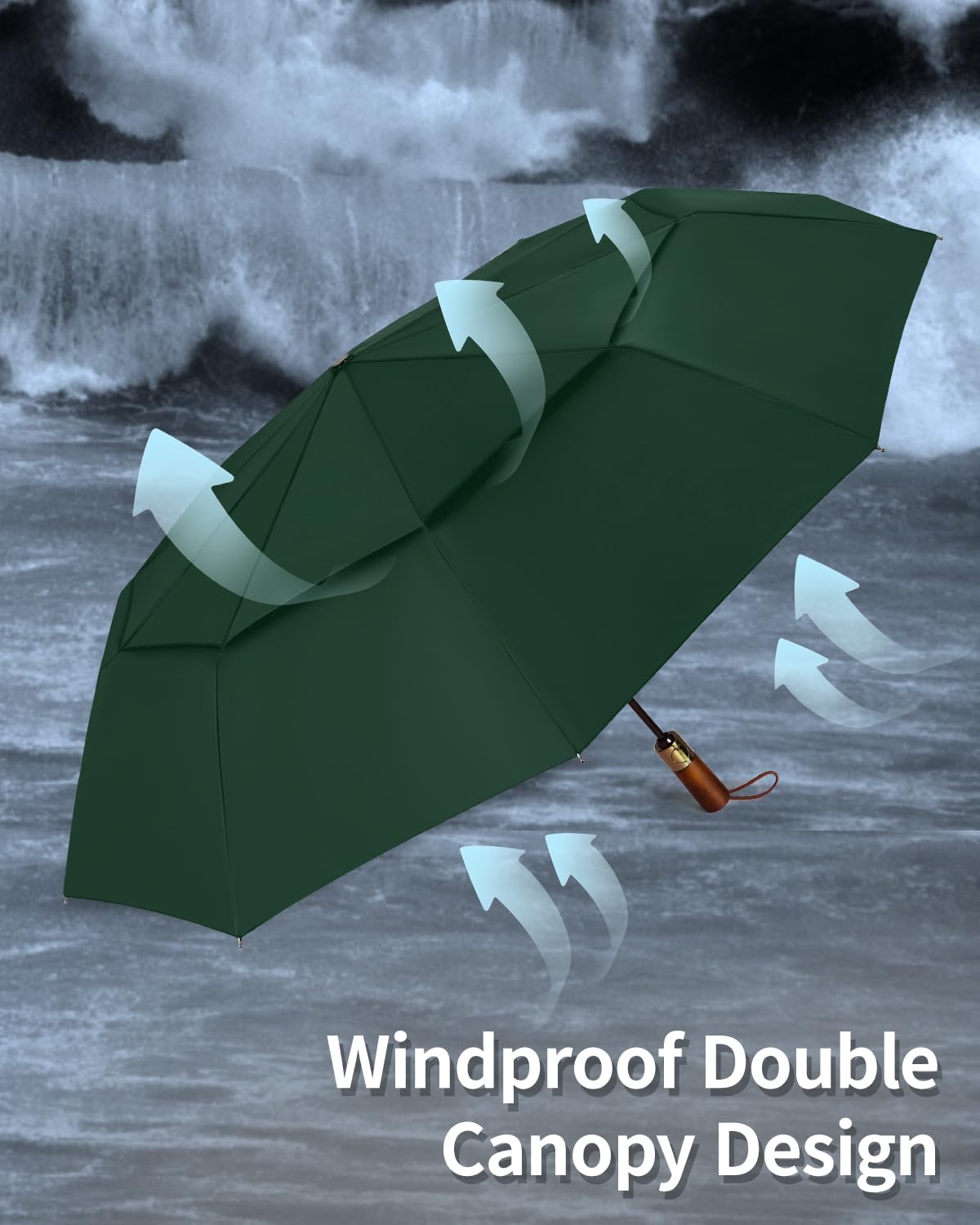 Automatic large stormproof umbrella, pocket umbrella with ventilated double canopy & wooden handle