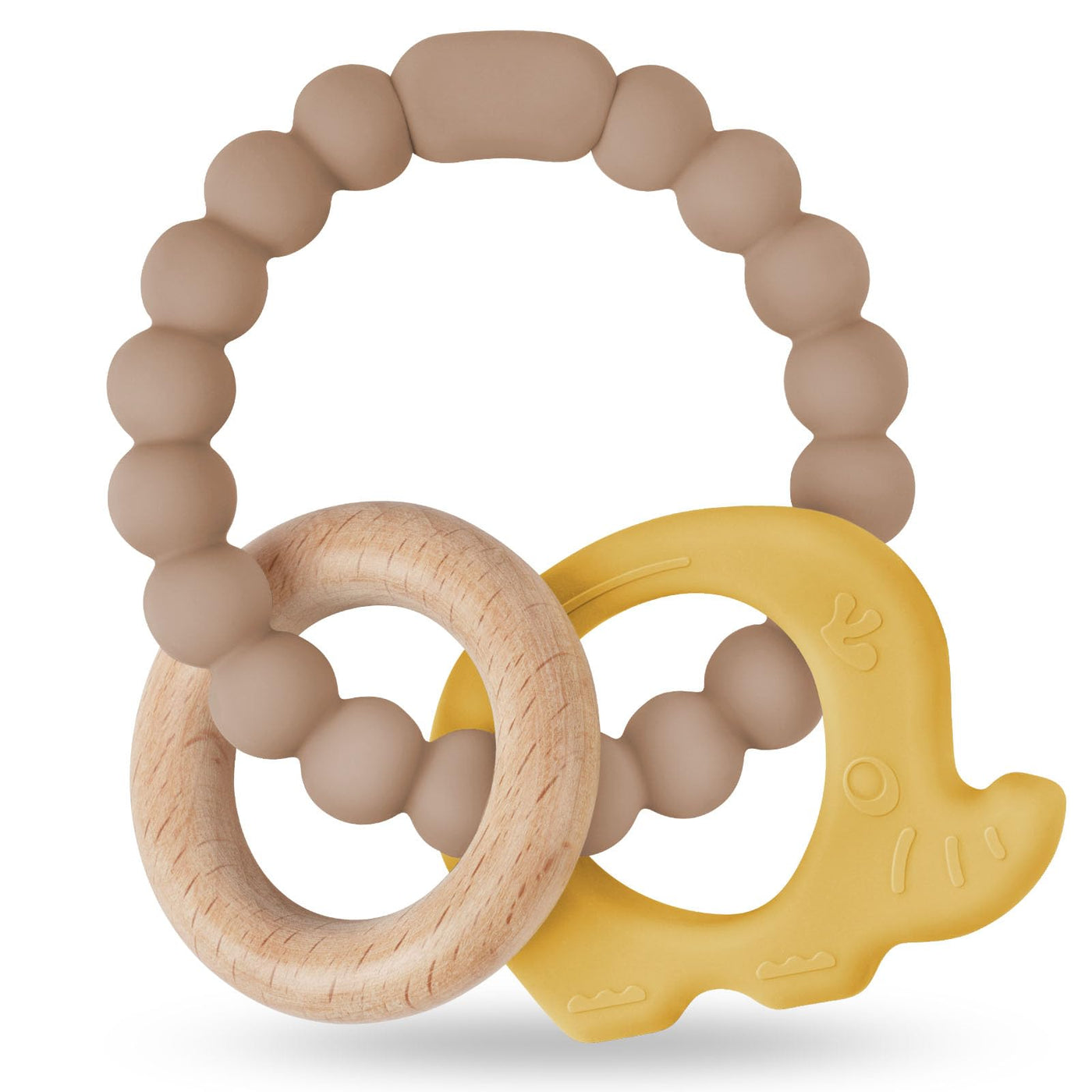 Teether for babies, elephant teether toy made of silicone and wooden rings, baby teething aid BPA-free, pain-relieving teething nursing accessories