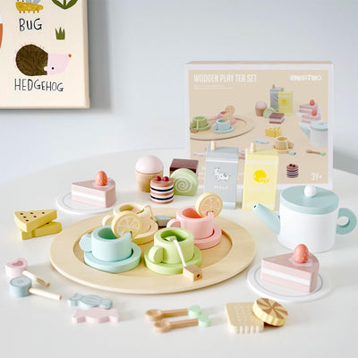 Teeservice für Kinder aus Holz mit Dessert, Teeparty-Set Holzspielzeug, Kinderküchenzubehör Holz