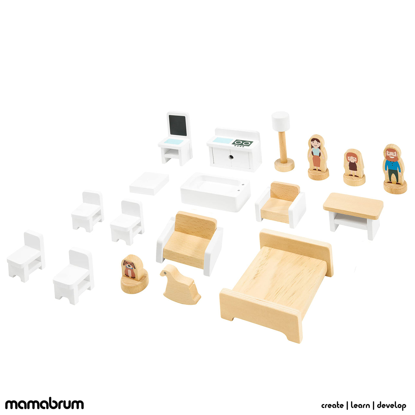 Holzpuppenhaus 3 Ebenen mit Möbeln,Accessoires - Skandinavisches Puppenhaus ab 3 Jahren - Puppenhaus mit Balkon, Holzmöbeln, Zimmer