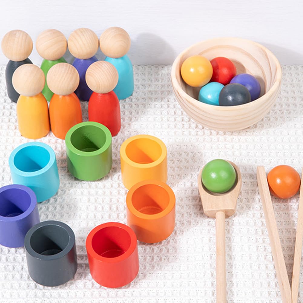 Wooden sorting stacking toy, pieces of rainbow wooden balls in cups, baby toy for preschool for color sorting and counting