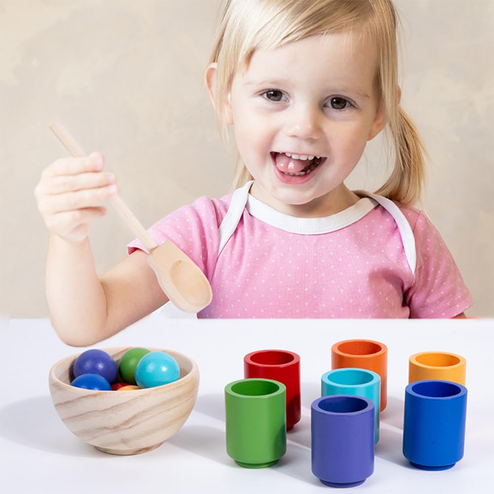 Wooden sorting stacking toy, 7 wooden balls in cups, baby toy for preschool for color sorting and counting