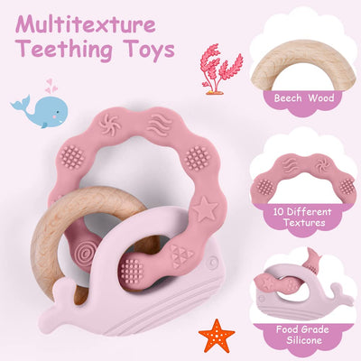 Teething ring for babies, teething ring toy made of silicone and wooden rings, baby teething aid BPA-free, pain-relieving teething nursing accessories