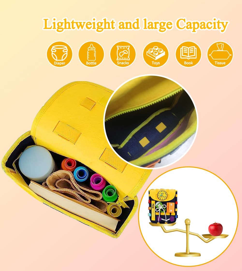 Backpack for toddlers with buckles zippers, -sensory toys, learning activity through play, can be stored and carried on the back, travel toy backpack