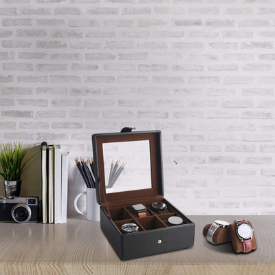 Boîte à montres à 6 compartiments avec couvercle en verre transparent et coussin en velours amovible