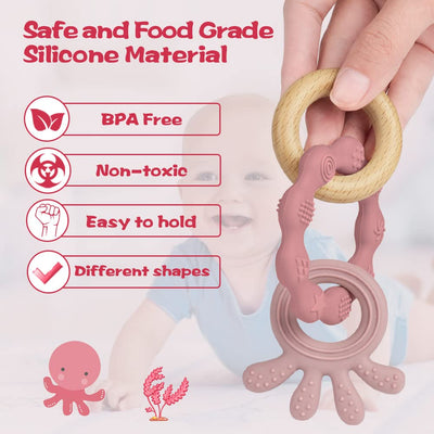 Teething ring for babies, teething ring toy made of silicone and wooden rings, baby teething aid BPA-free, pain-relieving teething nursing accessories