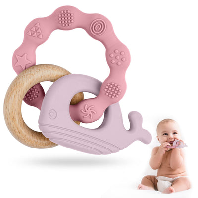 Teething ring for babies, teething ring toy made of silicone and wooden rings, baby teething aid BPA-free, pain-relieving teething nursing accessories