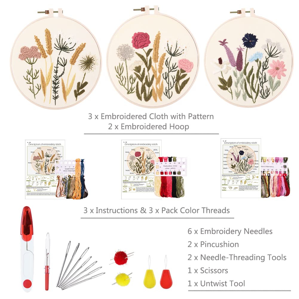 Beginner embroidery kit embroidery kit, floral design plants cross stitch kit starter tools kit with 3 pieces plastic embroidery hoop, for DIY art, craft