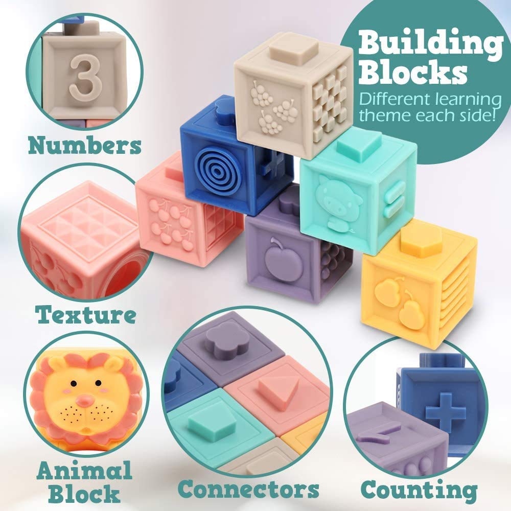 Jouets de construction pour bébé Blocs souples à presser, 12 pièces Animaux et comptage Jouets de bain