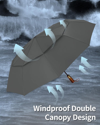 Automatic large stormproof umbrella, pocket umbrella with ventilated double canopy & wooden handle