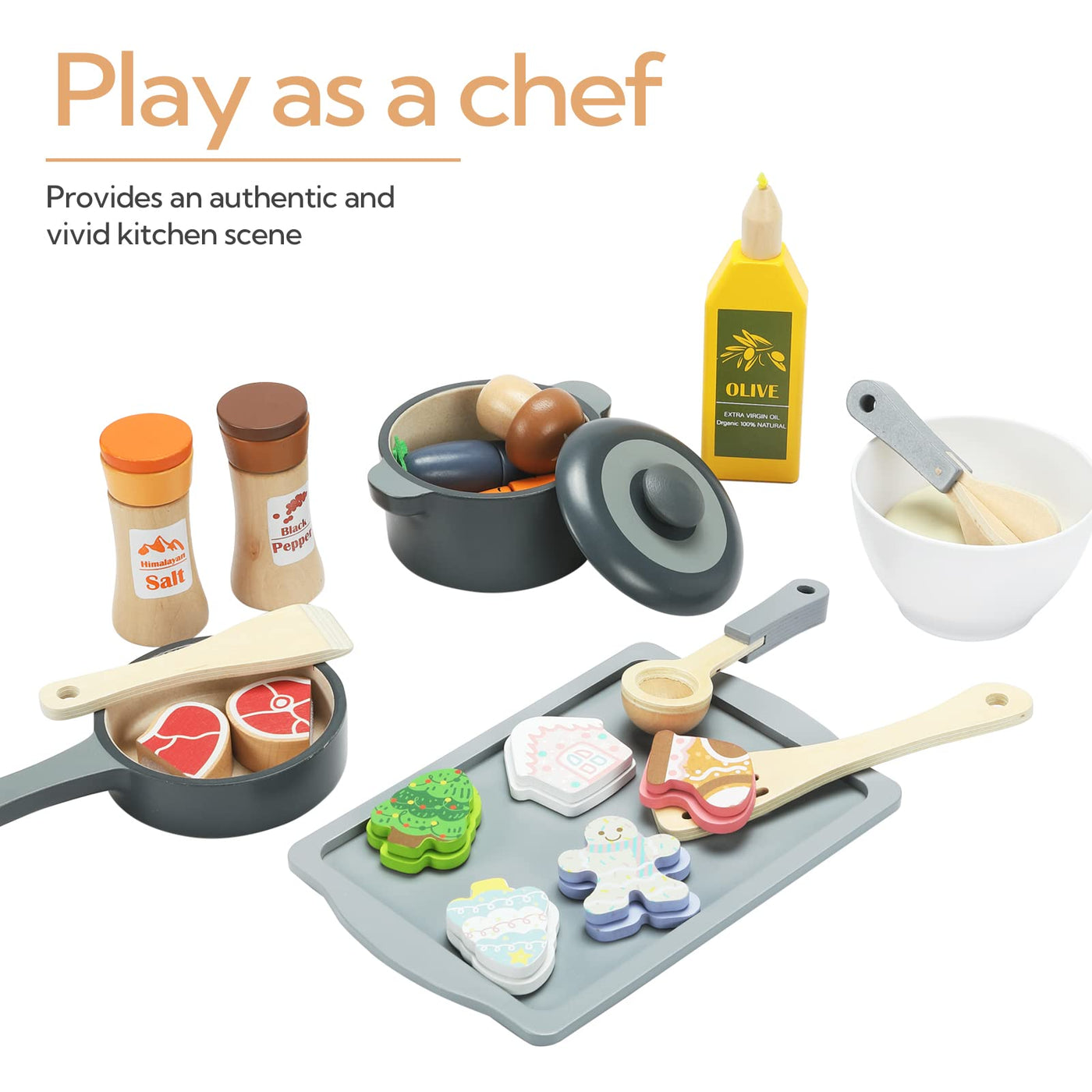 Jeu de cuisine en bois pour enfants, 12 pièces, batterie de cuisine, casseroles et accessoires de cuisine pour le jeu