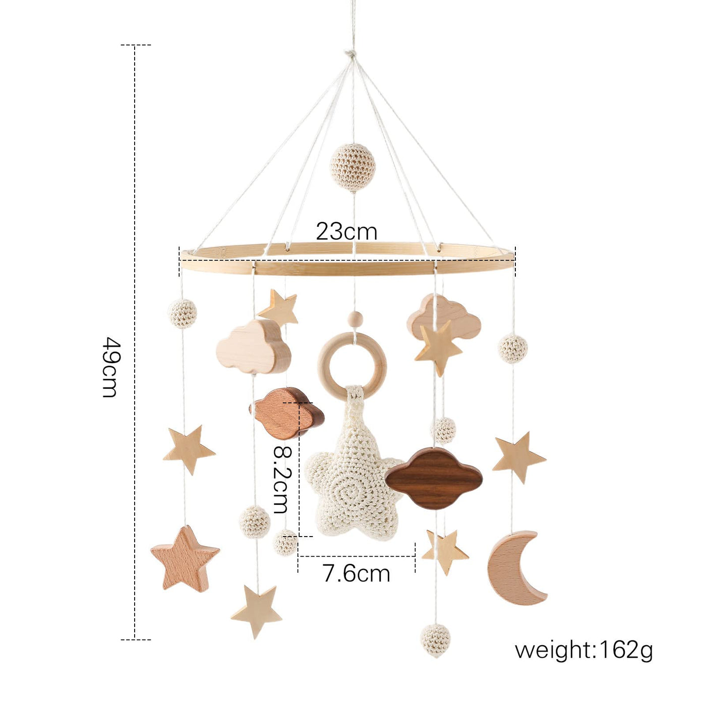 Baby-Mobile aus Holz mit Filzkugeln und Wolken-Ornament 