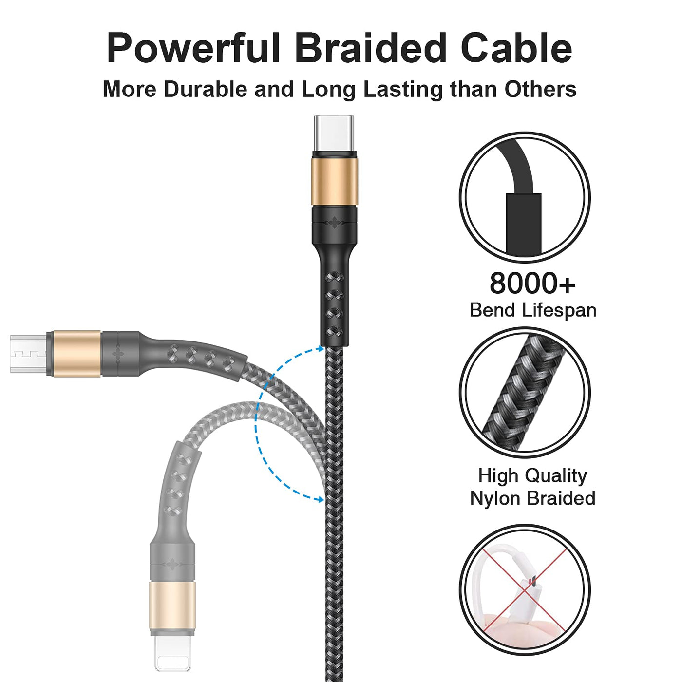 Multi USB Cable, Universal Charging Cable Nylon Quick 3 in 1