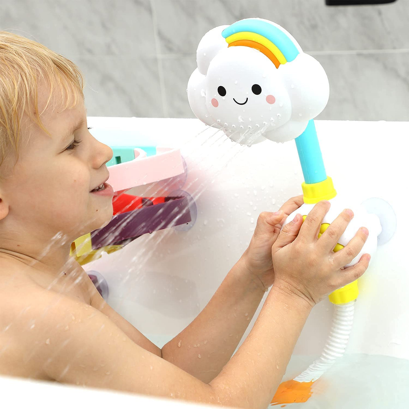 Bath toy, bathtub toy set with water shower, ball track, fishing game, floating squirting toy