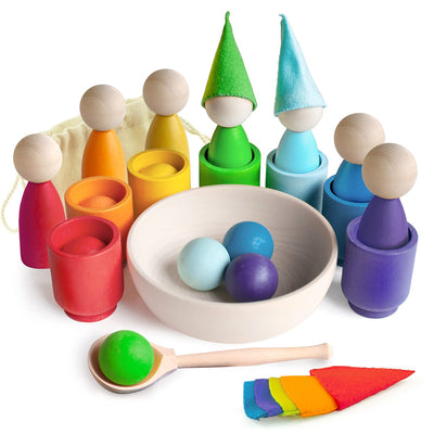 Large rainbow peg dolls and balls in cups Waldorf dolls sensory wooden games for learning colors