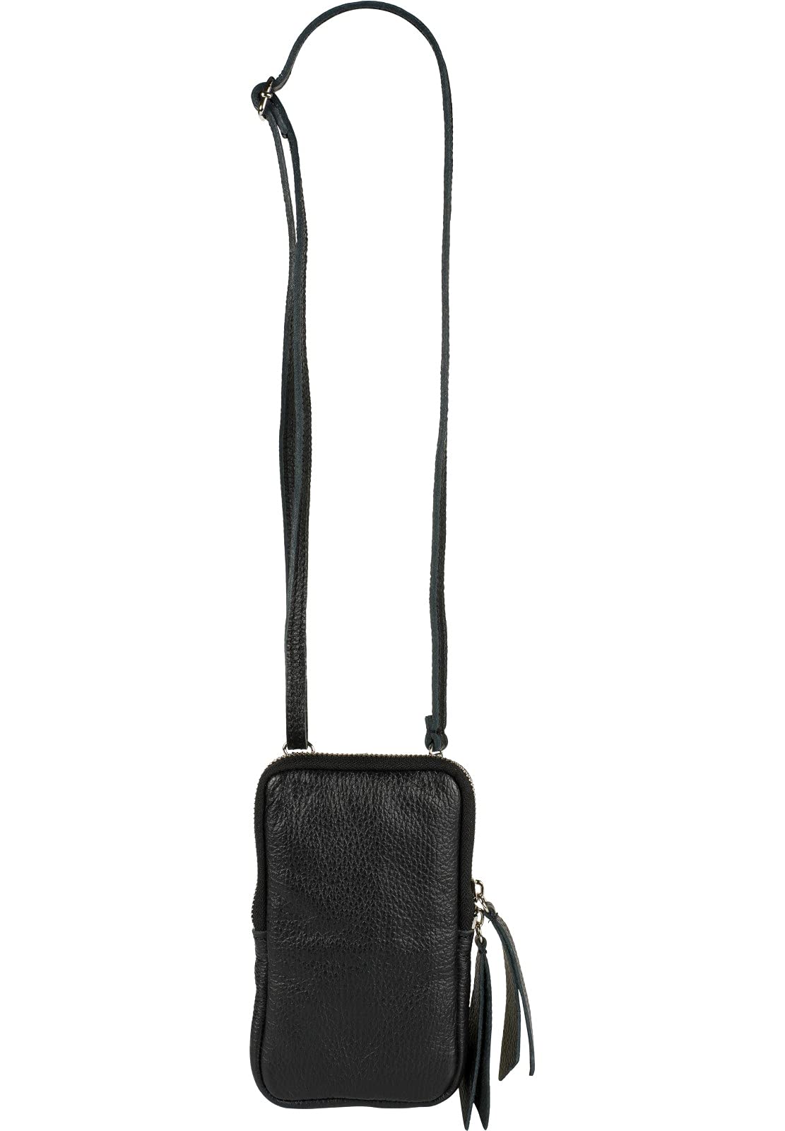 Leather cell phone shoulder bag with grained surface, zipper, genuine leather mini bag