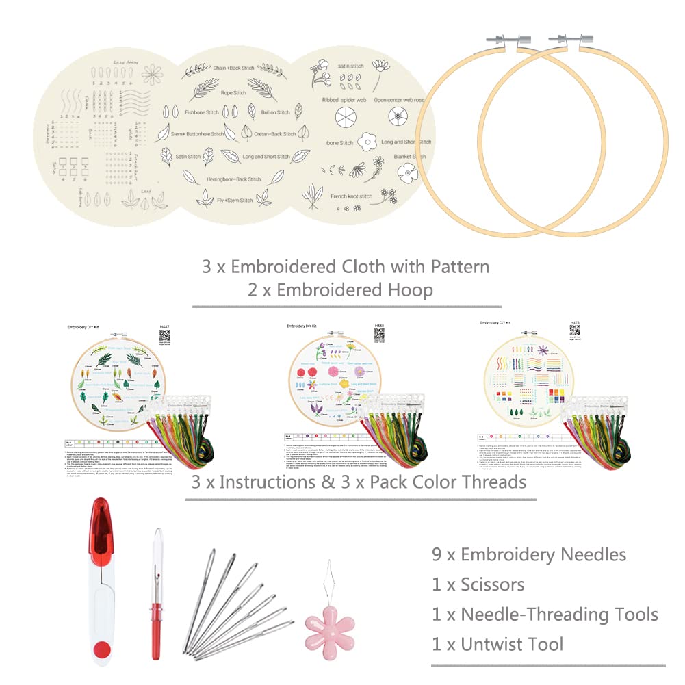 Beginner embroidery kit embroidery kit, floral design plants cross stitch kit starter tools kit with 3 pieces plastic embroidery hoop, color threads and tools,for DIY art,craft