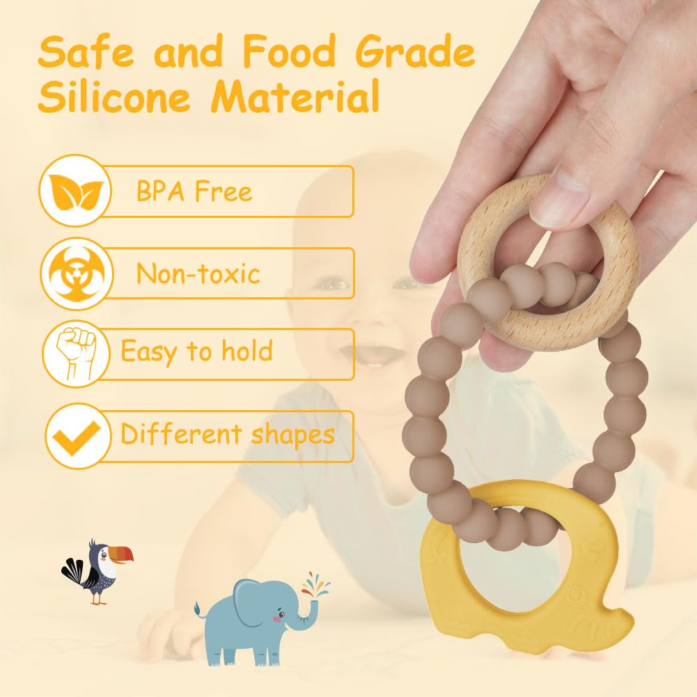 Teether for babies, elephant teether toy made of silicone and wooden rings, baby teething aid BPA-free, pain-relieving teething nursing accessories