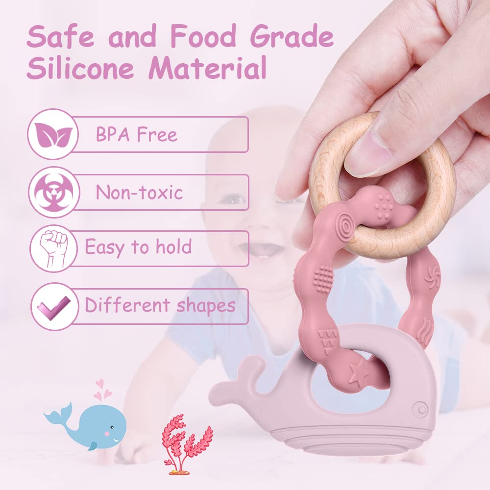 Teething ring for babies, teething ring toy made of silicone and wooden rings, baby teething aid BPA-free, pain-relieving teething nursing accessories