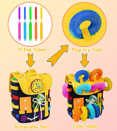 Backpack for toddlers with buckles zippers, -sensory toys, learning activity through play, can be stored and carried on the back, travel toy backpack