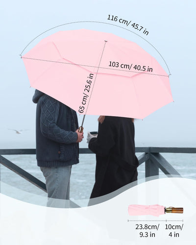 Automatic large stormproof umbrella, pocket umbrella with ventilated double canopy & wooden handle