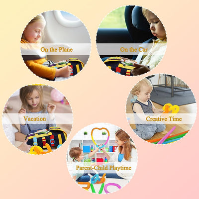 Backpack for toddlers with buckles zippers, -sensory toys, learning activity through play, can be stored and carried on the back, travel toy backpack