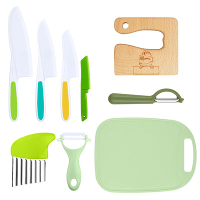 9 piece children's kitchen knife set, cooking kitchen knife for cutting and cooking fruit or vegetables for toddlers, including children's knife made of wood cutting board peeler