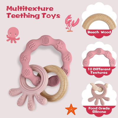 Teething ring for babies, teething ring toy made of silicone and wooden rings, baby teething aid BPA-free, pain-relieving teething nursing accessories