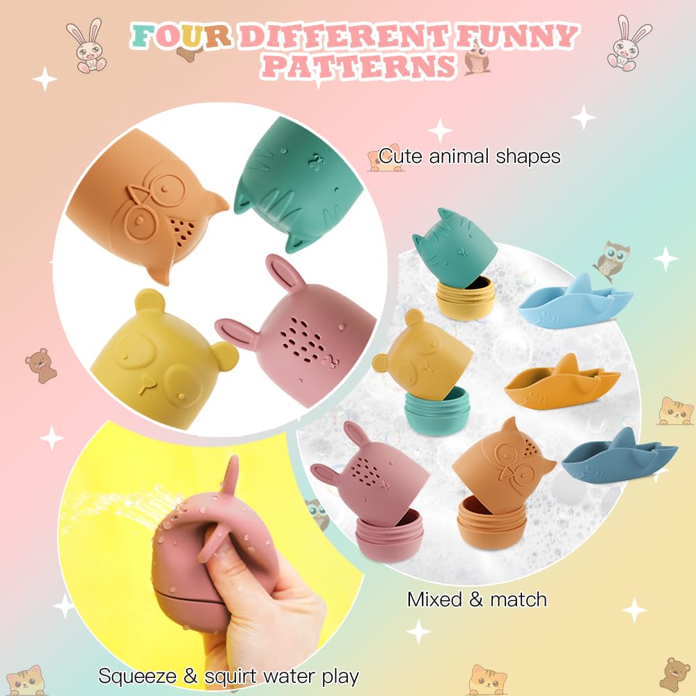 Jouets de bain, jouets de bain en silicone 7 pièces, jouets d'eau pour bébé sans BPA