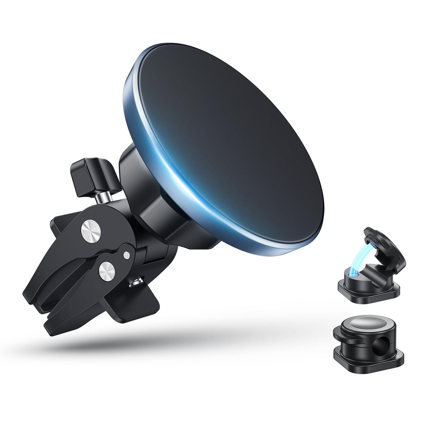 Magnetic mobile phone holder for the car with 2 cable clips