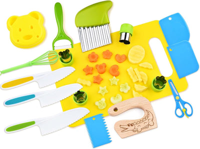 Couteaux pour enfants - Set de couteaux de cuisine de sécurité pour enfants de 17 pièces pour la vraie cuisine avec coupe-légumes, couteau en bois, planche à découper, etc.