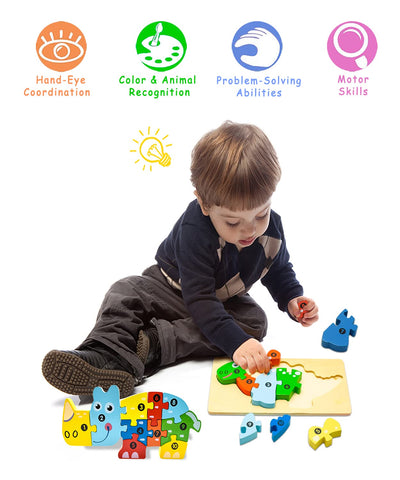 Wooden puzzle for toddlers with 4 animal patterns, learning educational toy