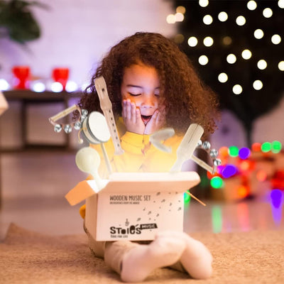 Internationales hölzernes Musikset für Kleinkinder und Kinder, umweltfreundliches Musikset mit Aufbewahrungstasche aus Baumwolle