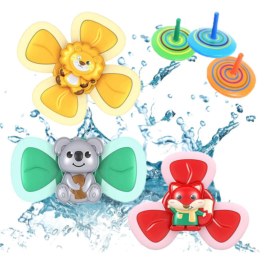 Suction cup toy, 3 pieces table suction cup toy, spinning top, toy, early, educational toy, interesting bath toy with 3 colorful wooden spinning tops