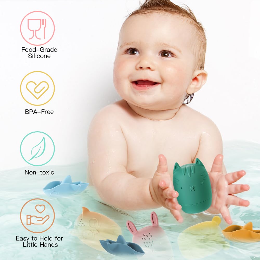Jouets de bain, jouets de bain en silicone 7 pièces, jouets d'eau pour bébé sans BPA