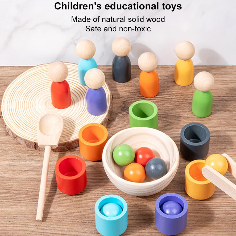 Wooden sorting stacking toy, pieces of rainbow wooden balls in cups, baby toy for preschool for color sorting and counting