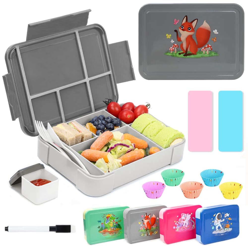 Kids lunch box with compartments 12 PCS,Lunch box kids bento box leak-proof with 6 compartments cutlery set