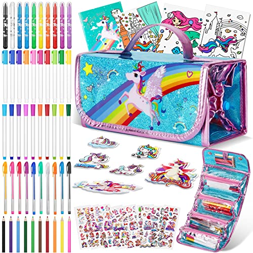 Set de peinture pour enfants, trousse de peinture, trousse de crayons, set d'écriture pour filles comprenant des stylos à paillettes, des feutres, des crayons de couleur, des crayons de couleur et des stylos gel.