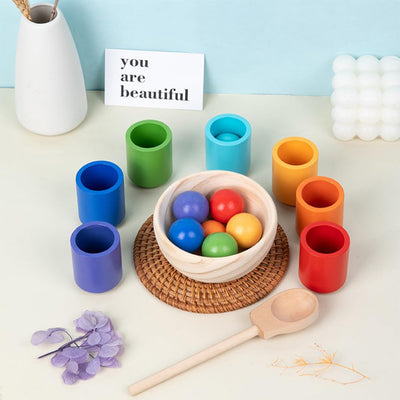 Wooden sorting stacking toy, 7 wooden balls in cups, baby toy for preschool for color sorting and counting