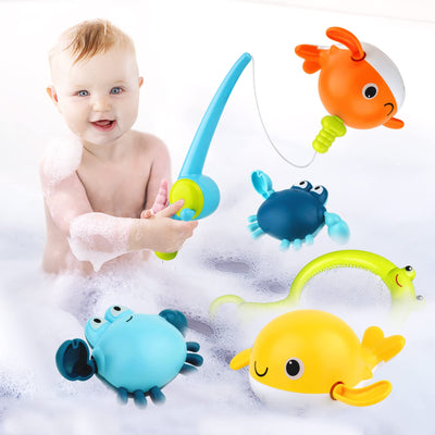 Bath toy, fishing game with 4 pieces of wind-up bath toy, fishing net, floating pool bathtub toy