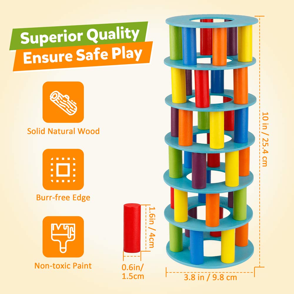 Wooden tower stacking game, fine motor building blocks with cubes Leaning tower