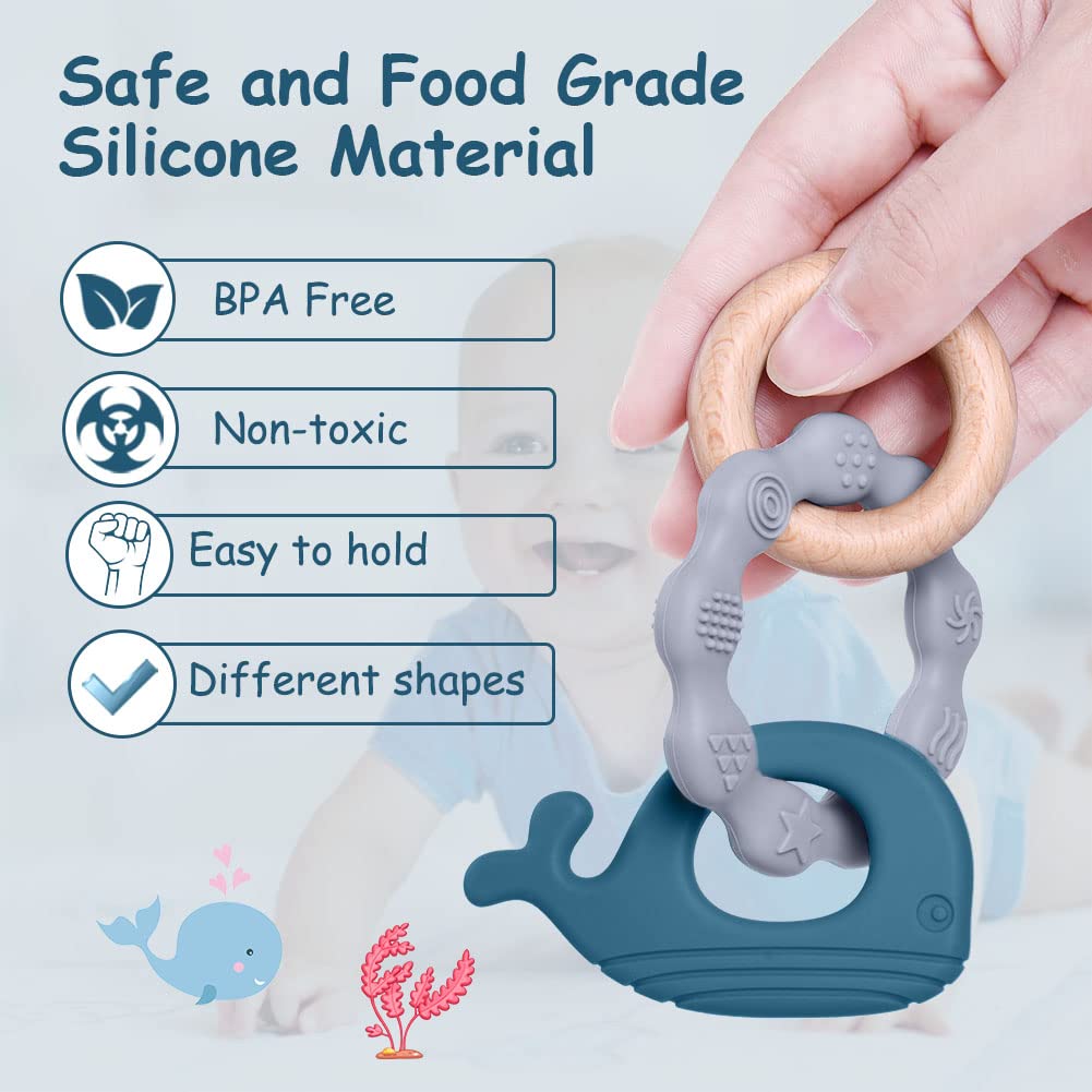 Teething ring for babies, teething ring toy made of silicone and wooden rings, baby teething aid BPA-free, pain-relieving teething nursing accessories