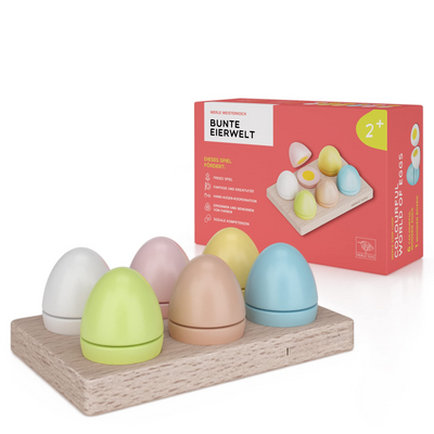 Children's kitchen accessories made of wood: 6 Colorful wooden eggs with Velcro fastener for children from 2 3 4 years, ideal for play kitchen, store & store, including wooden base