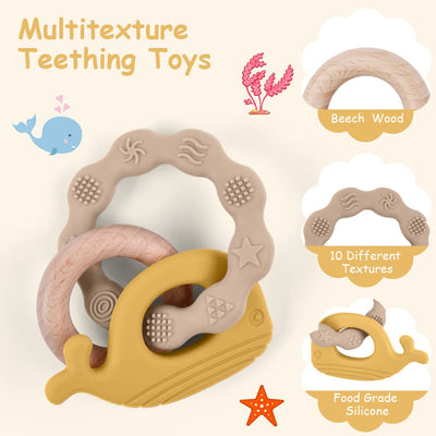 Teething ring for babies, teething ring toy made of silicone and wooden rings, baby teething aid BPA-free, pain-relieving teething nursing accessories